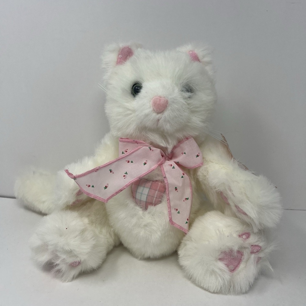 Calico Kittens White Cat Plush in patches plaid heart floral pink ribbon Rare